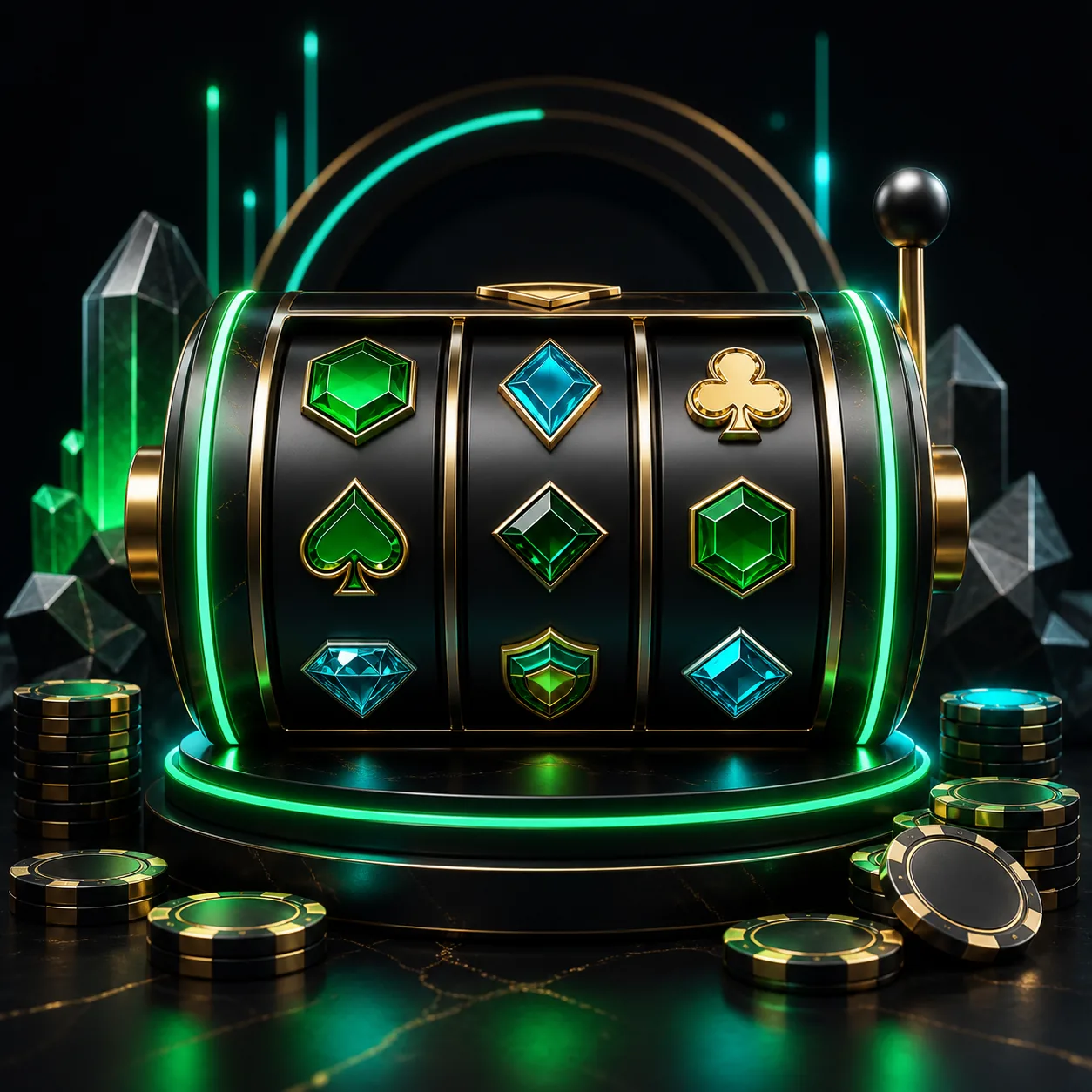 Ilustrasi lobi slot dengan mesin permainan bercahaya